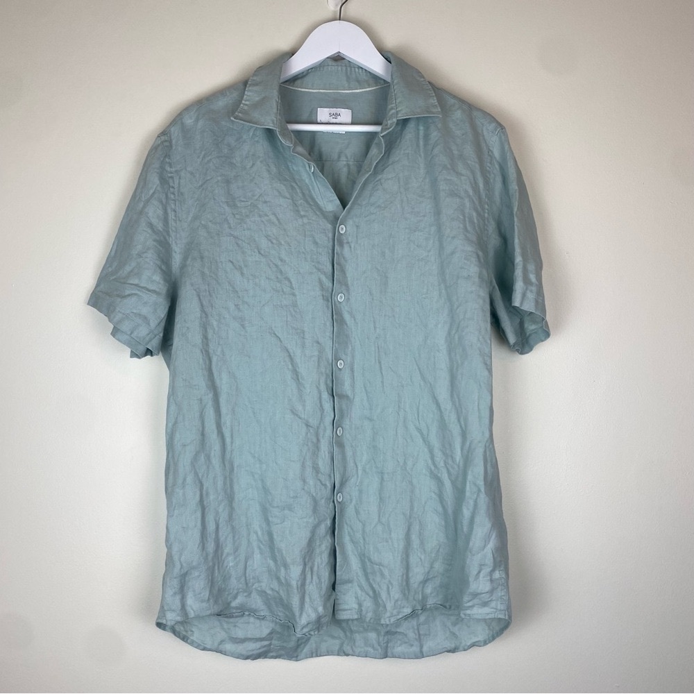 SABA Men Linen Classic Fit Button Up Short Sleeve Shirt Large